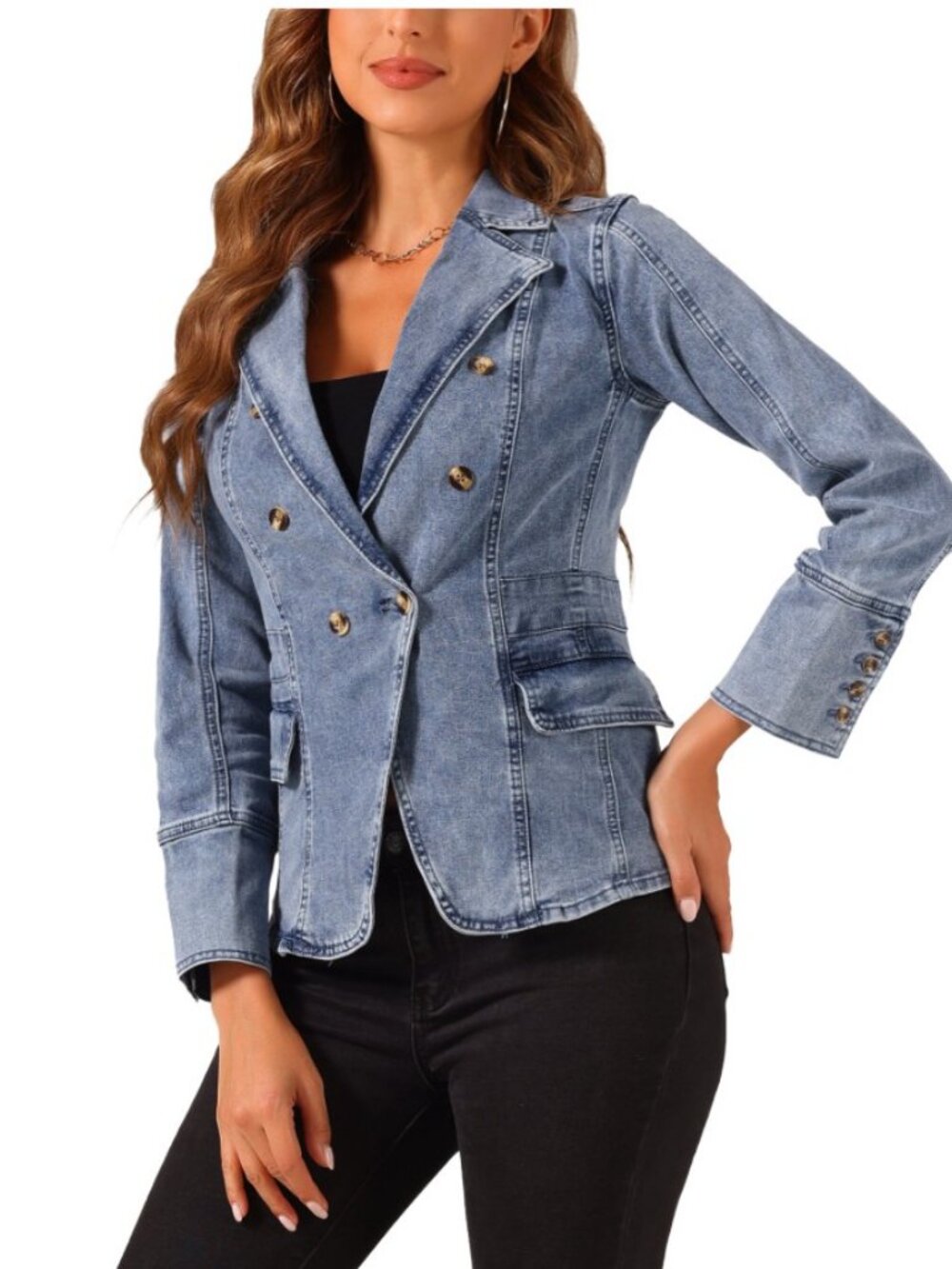 ALEGRA K Double Breasted Notched Lapel Structured Light Blue Denim Jacket Sz XL - Picture 7 of 7